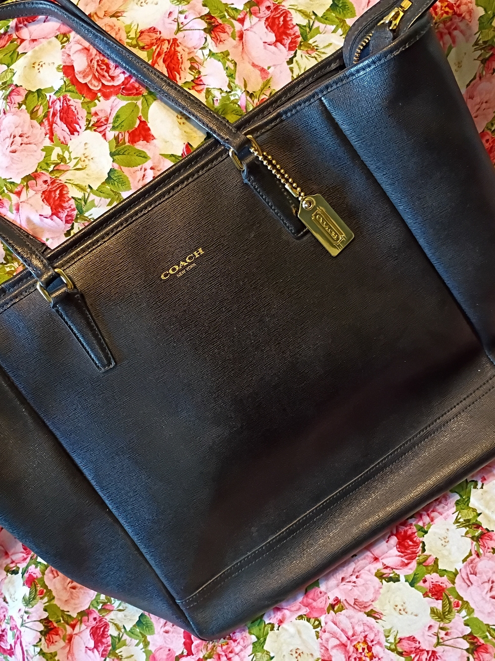 Coach Black Leather Tote with Gold Accent Tag